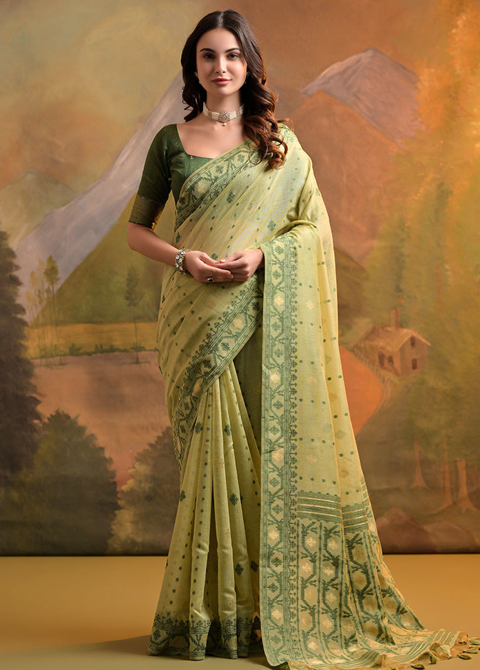 Pista Green Pure Cotton Saree With Blouse Piece