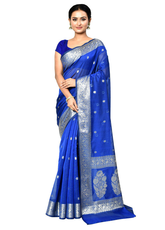 Blue Cotton Saree With Blouse Piece - Indian Silk House Agencies