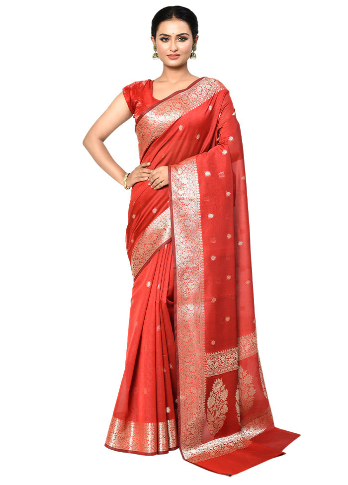 Red Cotton Saree With Blouse Piece