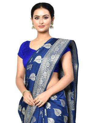 Blue Dupion Silk Saree With Blouse Piece