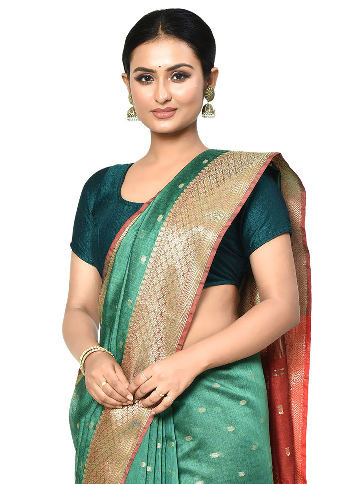 Green Cotton Saree With Blouse Piece