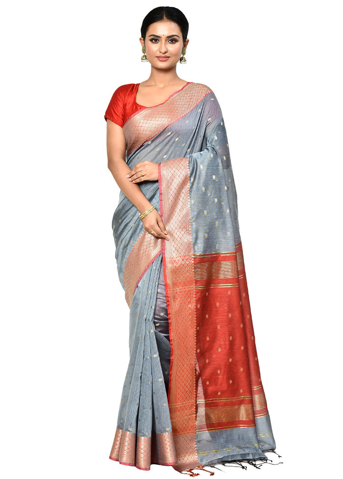 Grey Cotton Saree With Blouse Piece - Indian Silk House Agencies