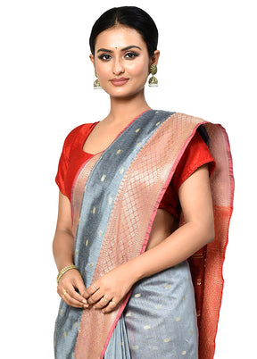 Grey Cotton Saree With Blouse Piece