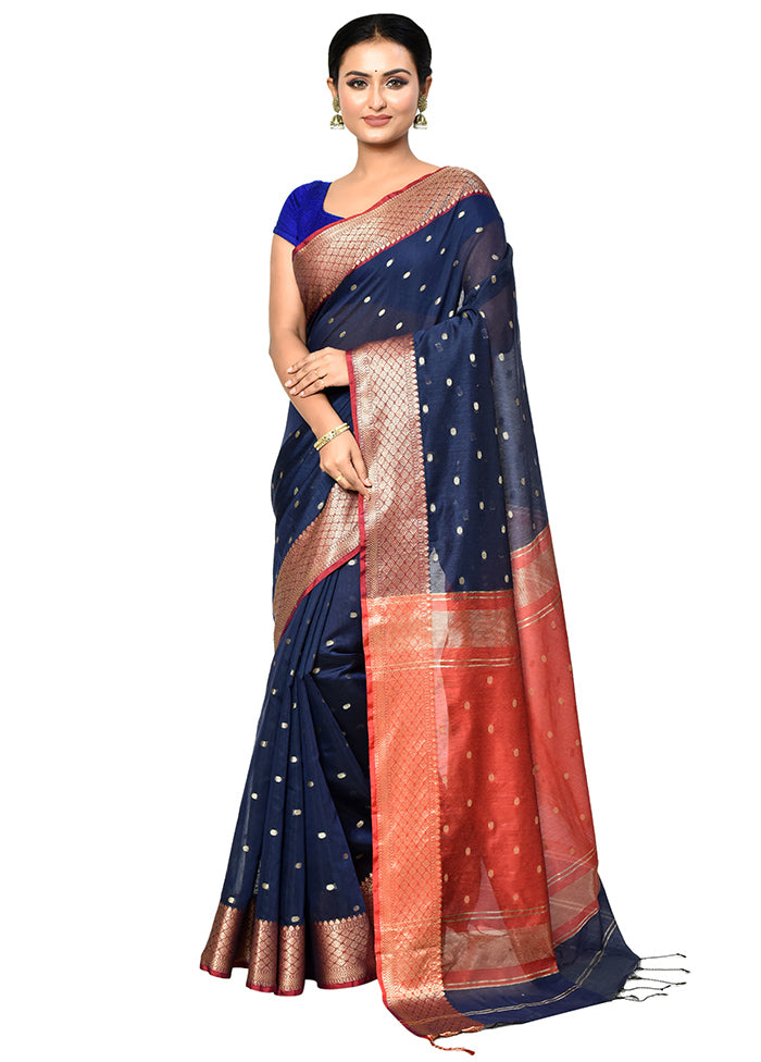 Blue Cotton Saree With Blouse Piece