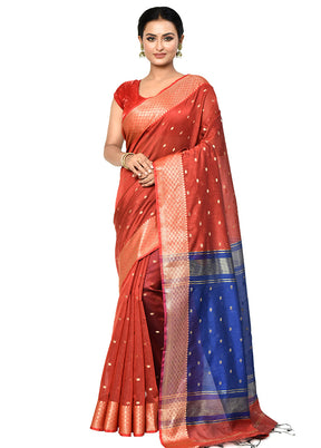 Red Cotton Saree With Blouse Piece