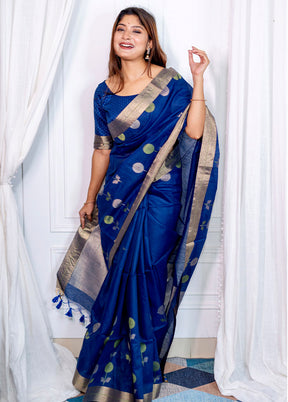 Blue Cotton Saree With Blouse Piece