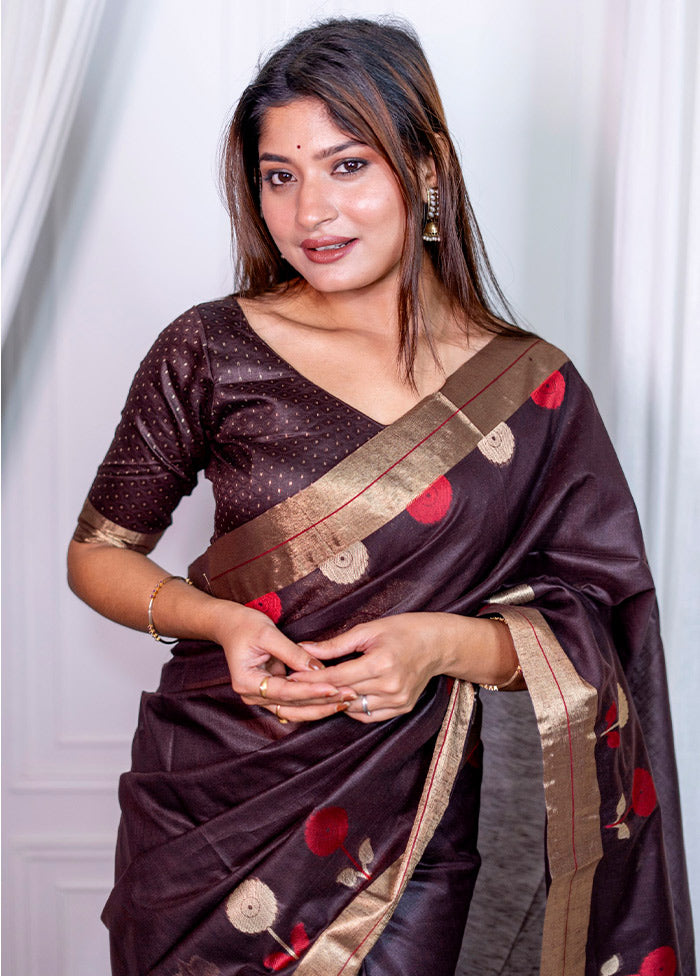 Coffee Cotton Saree With Blouse Piece