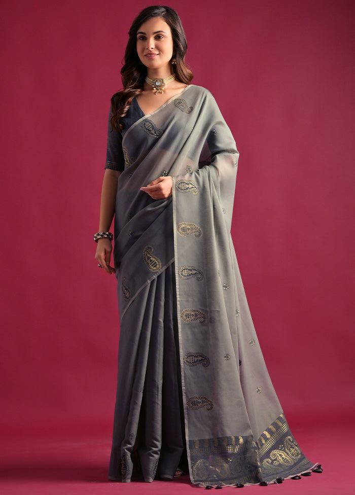 Grey Pure Cotton Saree With Blouse Piece