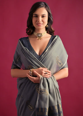 Grey Pure Cotton Saree With Blouse Piece