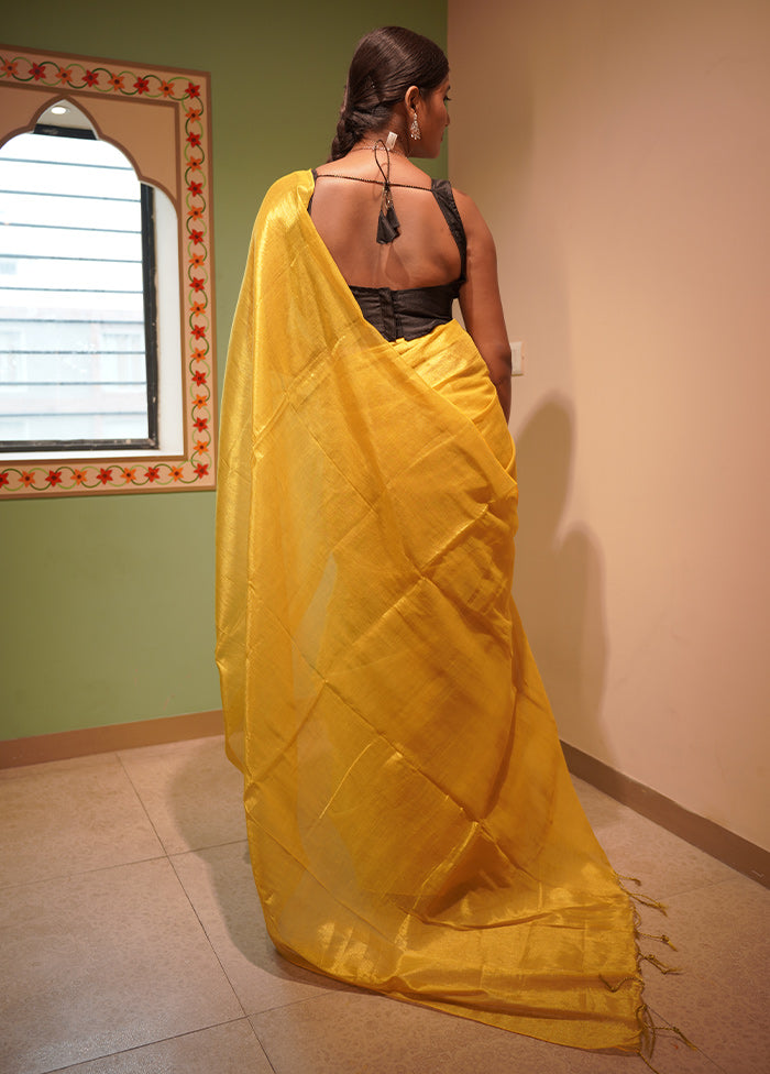 Mustard Spun Silk Plain Work Saree Without Blouse Piece