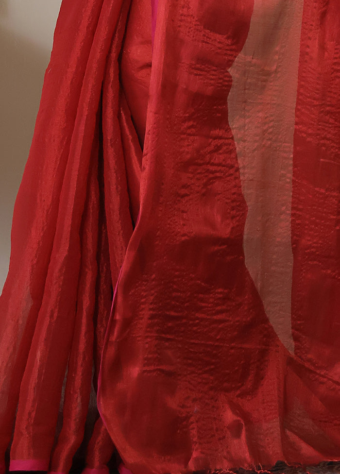 Red Spun Silk Plain Work Saree Without Blouse Piece