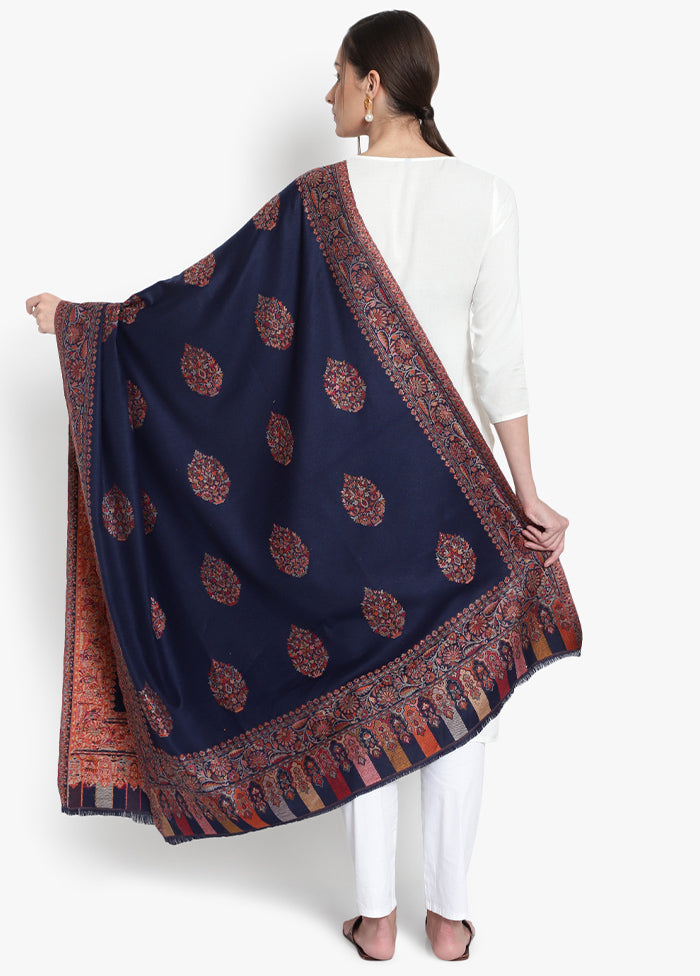 Blue Designer Motifs Woolen Shawl - Indian Silk House Agencies