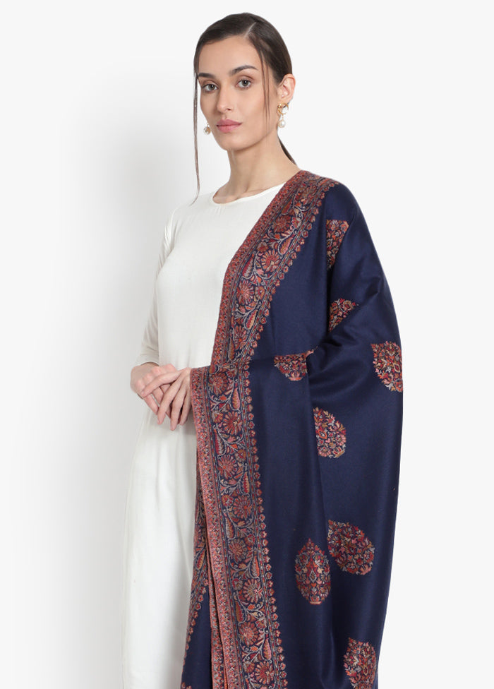 Blue Designer Motifs Woolen Shawl - Indian Silk House Agencies