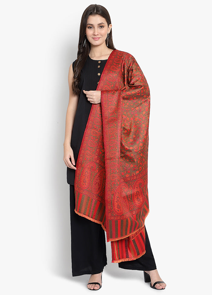 Red Jacquard Woven Woolen Shawl - Indian Silk House Agencies