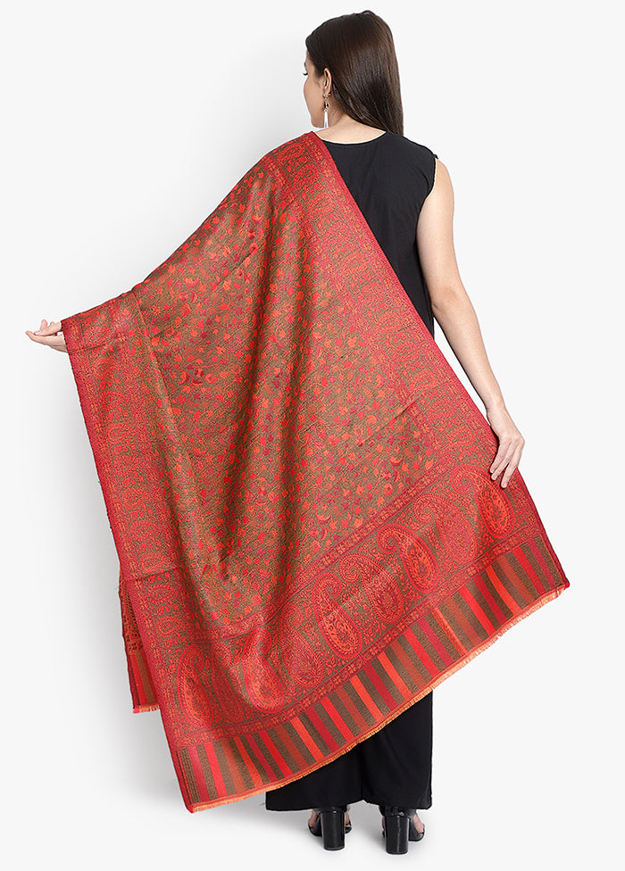 Red Jacquard Woven Woolen Shawl - Indian Silk House Agencies