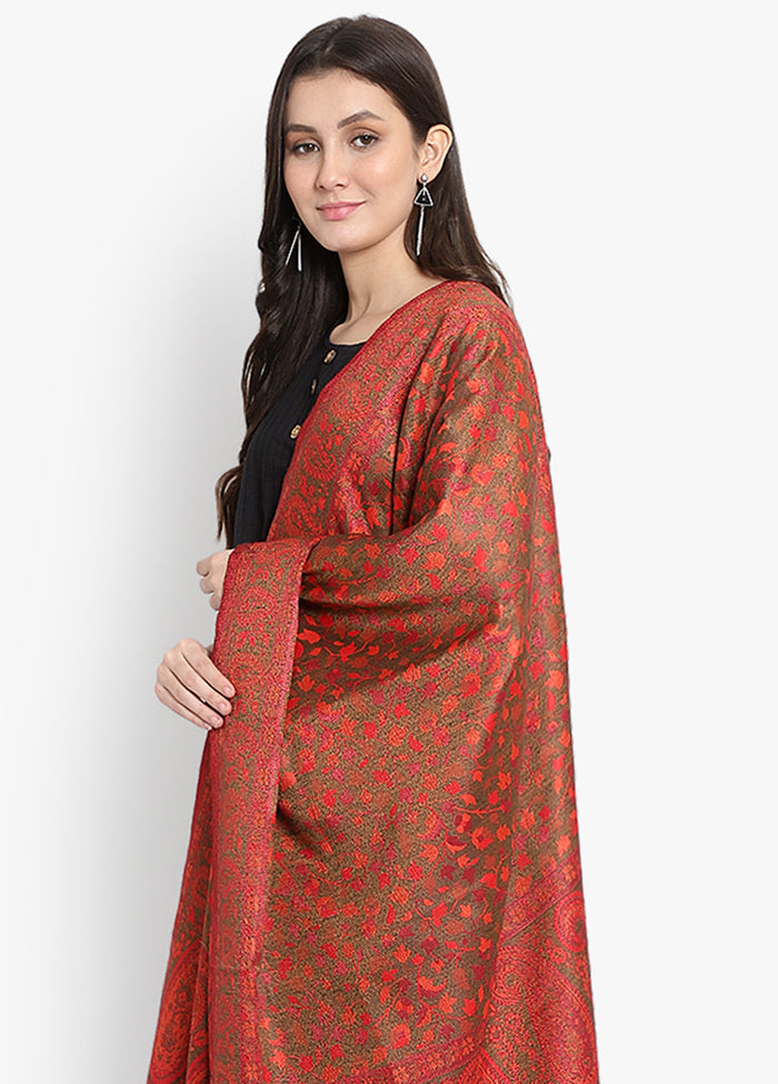 Red Jacquard Woven Woolen Shawl - Indian Silk House Agencies