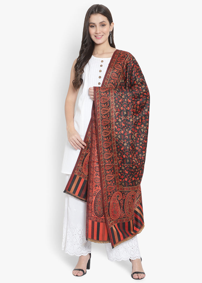 Black Jacquard Woven Woolen Shawl - Indian Silk House Agencies