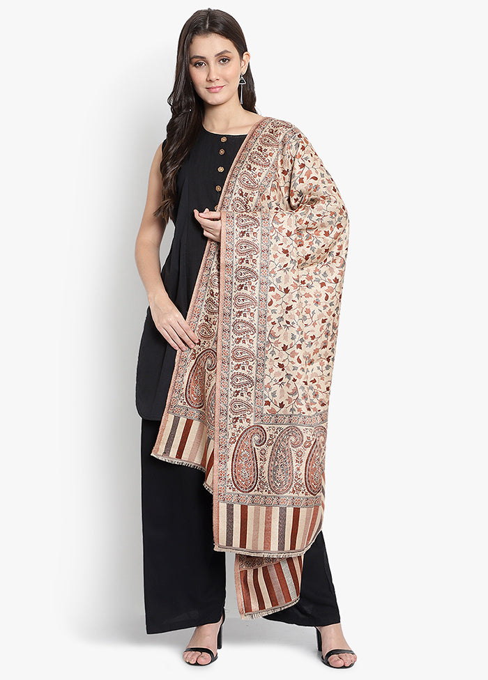 Beige Jacquard Woven Woolen Shawl - Indian Silk House Agencies