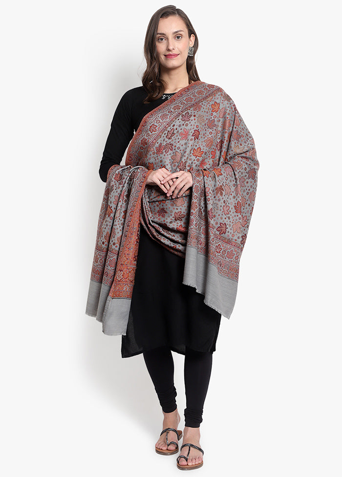 Grey Floral Woolen Shawl - Indian Silk House Agencies