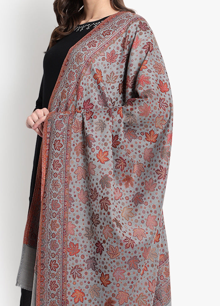 Grey Floral Woolen Shawl - Indian Silk House Agencies