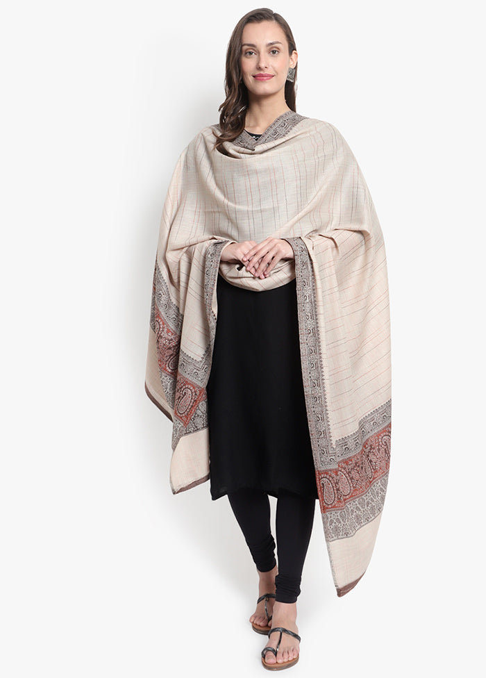 Beige Striped Woolen Shawl - Indian Silk House Agencies