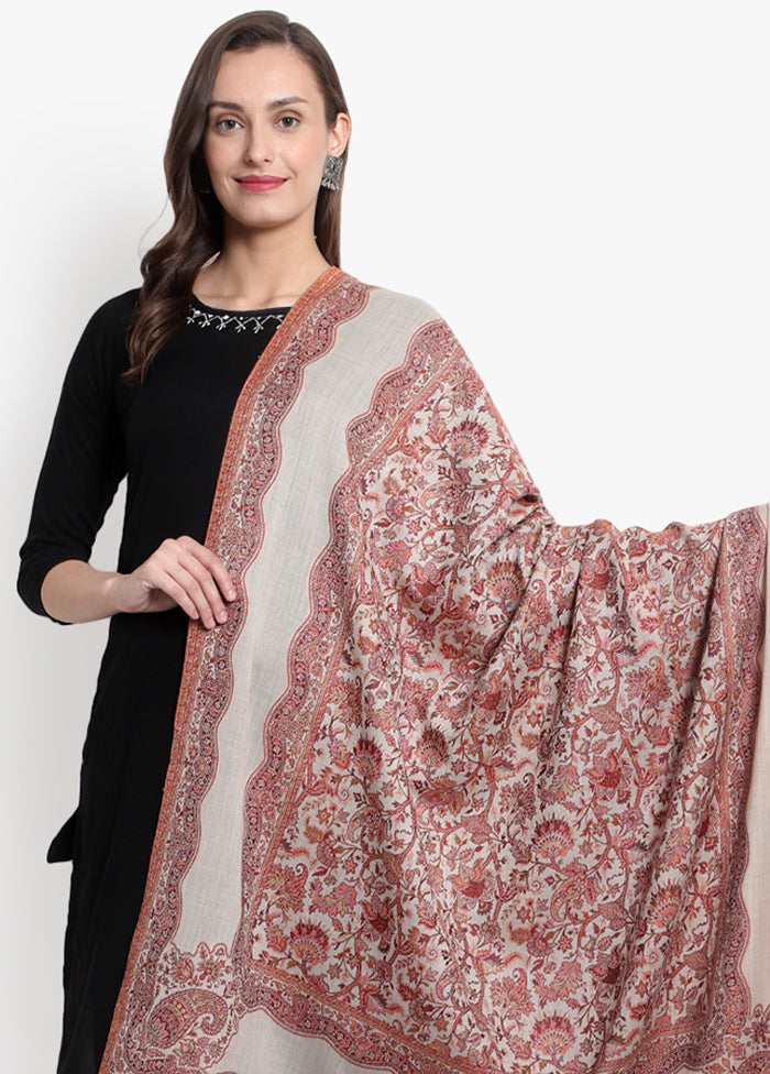 Beige Floral Woolen Shawl - Indian Silk House Agencies