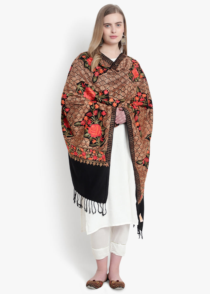 Black Floral Embridered Woolen Stole - Indian Silk House Agencies