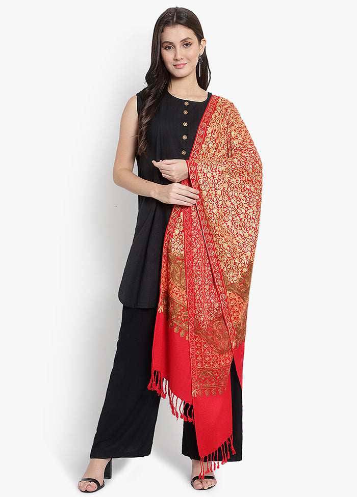 Red Floral Embridered Woolen Stole - Indian Silk House Agencies