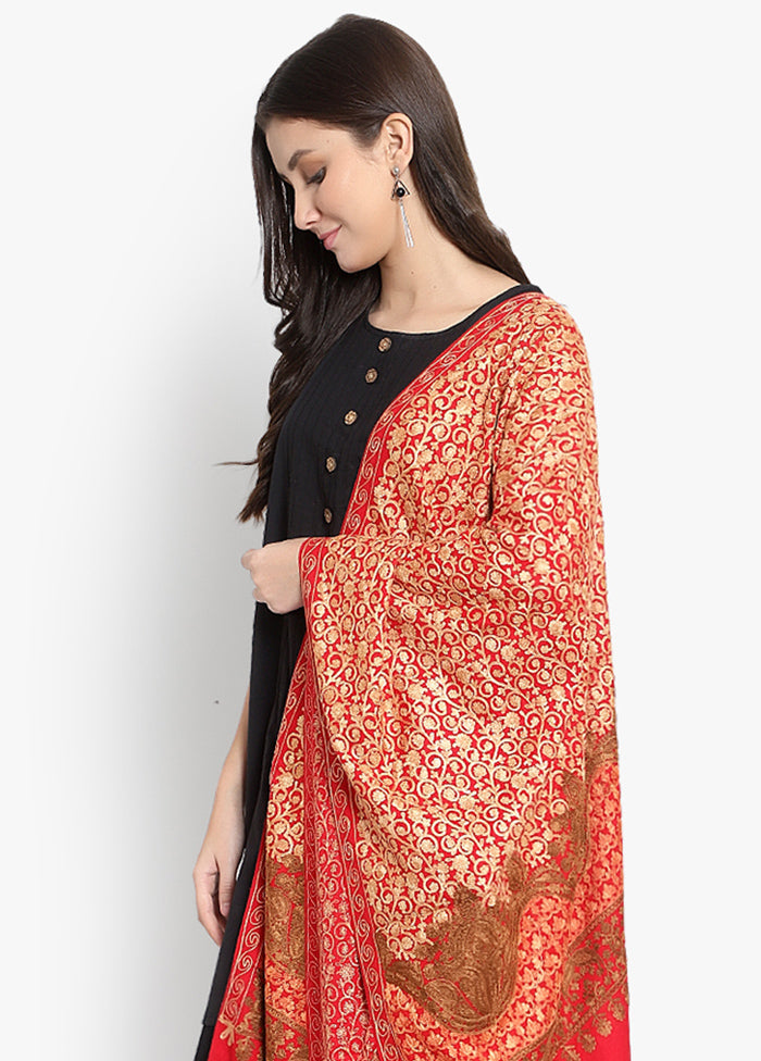 Red Floral Embridered Woolen Stole - Indian Silk House Agencies