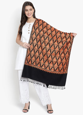 Black Floral Embridered Woolen Stole - Indian Silk House Agencies
