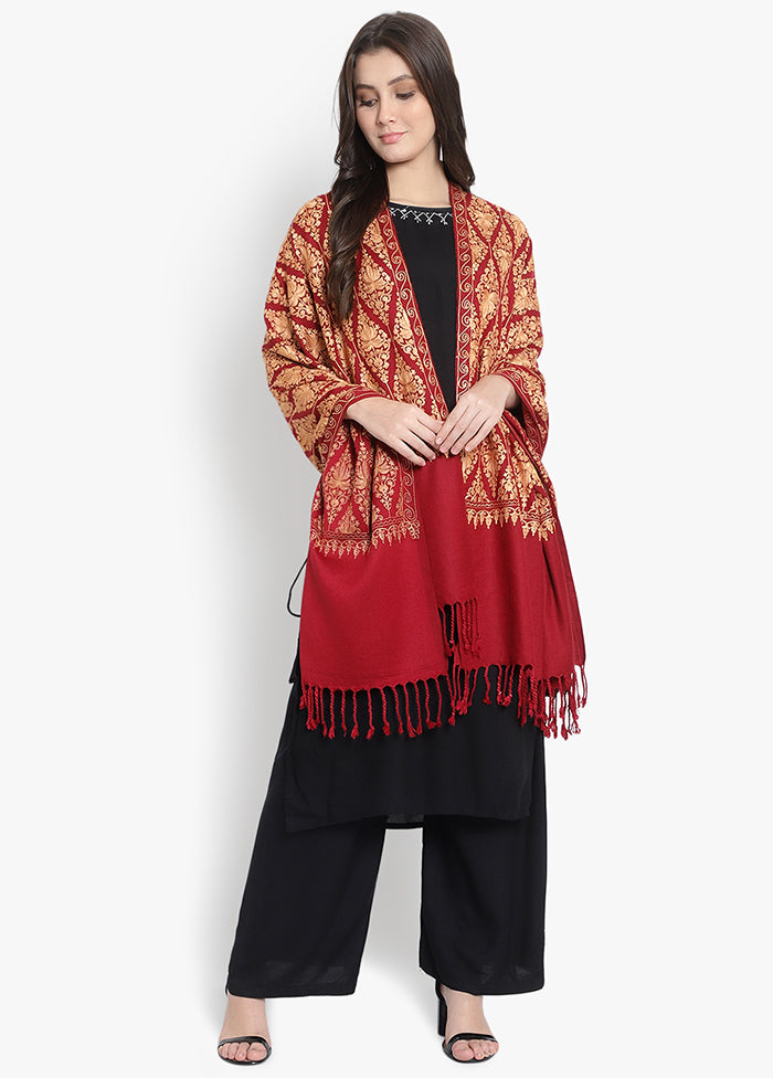 Maroon Floral Embridered Woolen Stole - Indian Silk House Agencies