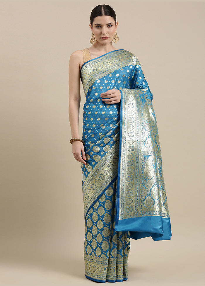 Blue Silk Zari Saree Without Blouse Piece
