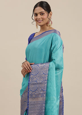 Turquoise Blue Silk Saree With Blouse Piece