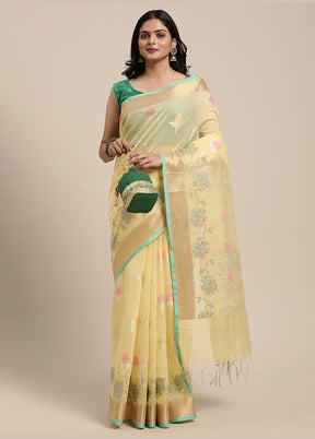 Yellow Cotton Zari Saree Without Blouse Piece - Indian Silk House Agencies