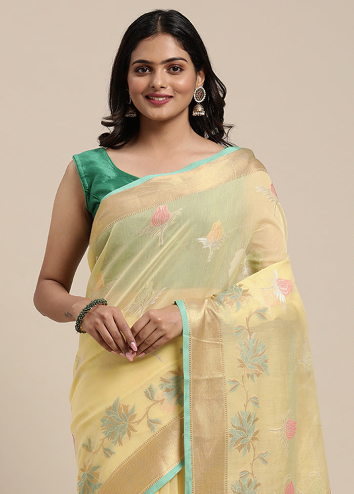 Yellow Cotton Zari Saree Without Blouse Piece - Indian Silk House Agencies