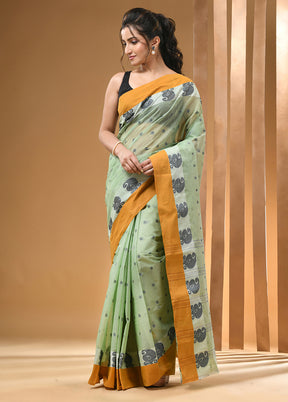 Olive Green Cotton Woven Work Saree Without Blouse Piece