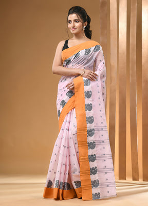 Baby Pink Cotton Woven Work Saree Without Blouse Piece