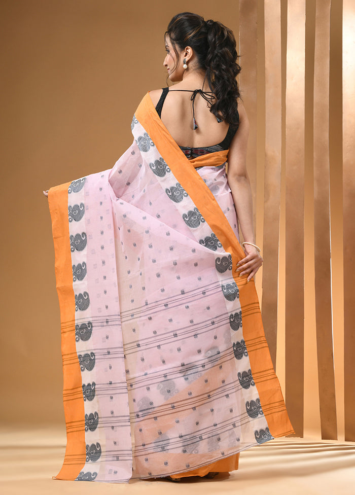 Baby Pink Cotton Woven Work Saree Without Blouse Piece