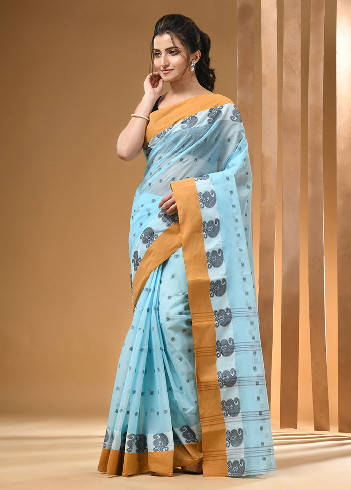 Sky Blue Cotton Woven Work Saree Without Blouse Piece