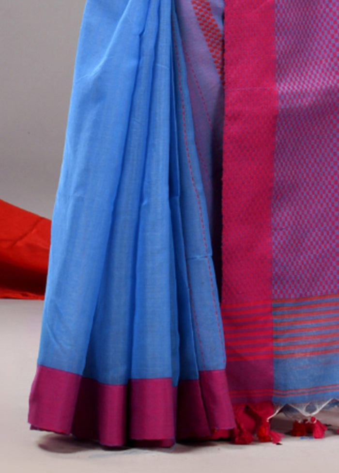 Sky Blue Cotton Saree With Blouse Piece