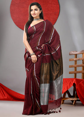 Maroon Cotton Saree With Blouse Piece