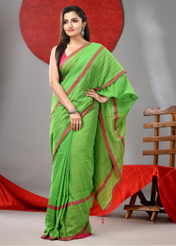 Parrot Green Cotton Saree With Blouse Piece