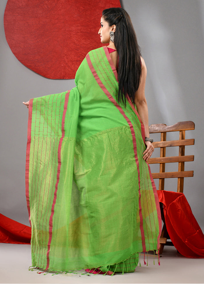 Parrot Green Cotton Saree With Blouse Piece