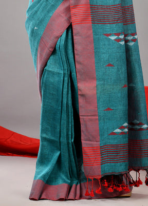 Teal Linen Silk Saree With Blouse Piece