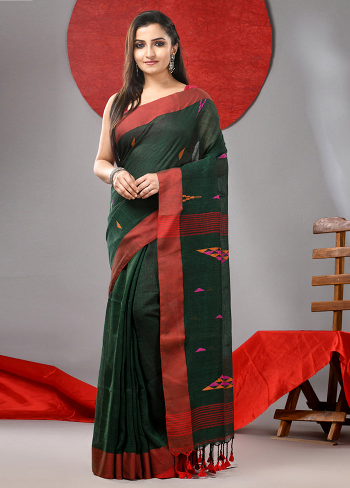 Green Linen Silk Saree With Blouse Piece