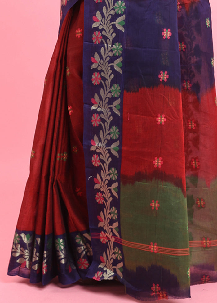 Red Cotton Woven Work Saree Without Blouse Piece