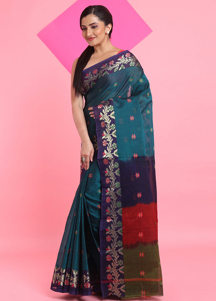 Teal Green Cotton Woven Work Saree Without Blouse Piece