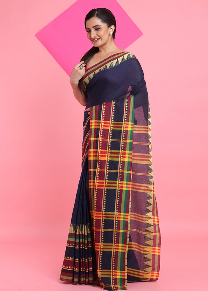 Navy Blue Cotton Saree With Blouse Piece