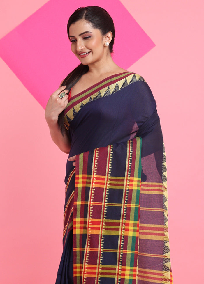 Navy Blue Cotton Saree With Blouse Piece