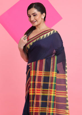 Navy Blue Cotton Saree With Blouse Piece